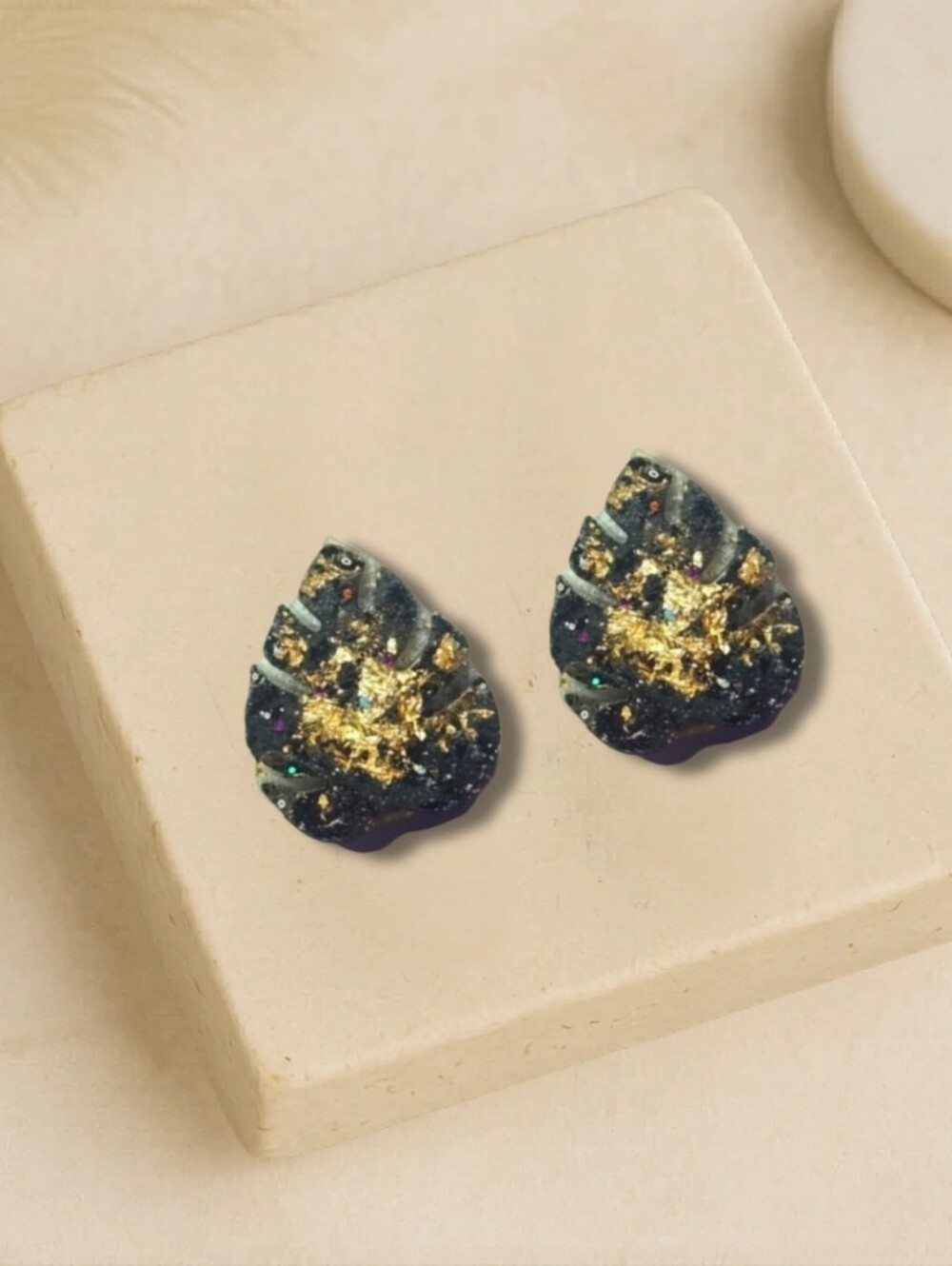 Gold and Black Stone Leaf Shaped Resin Stud Earrings